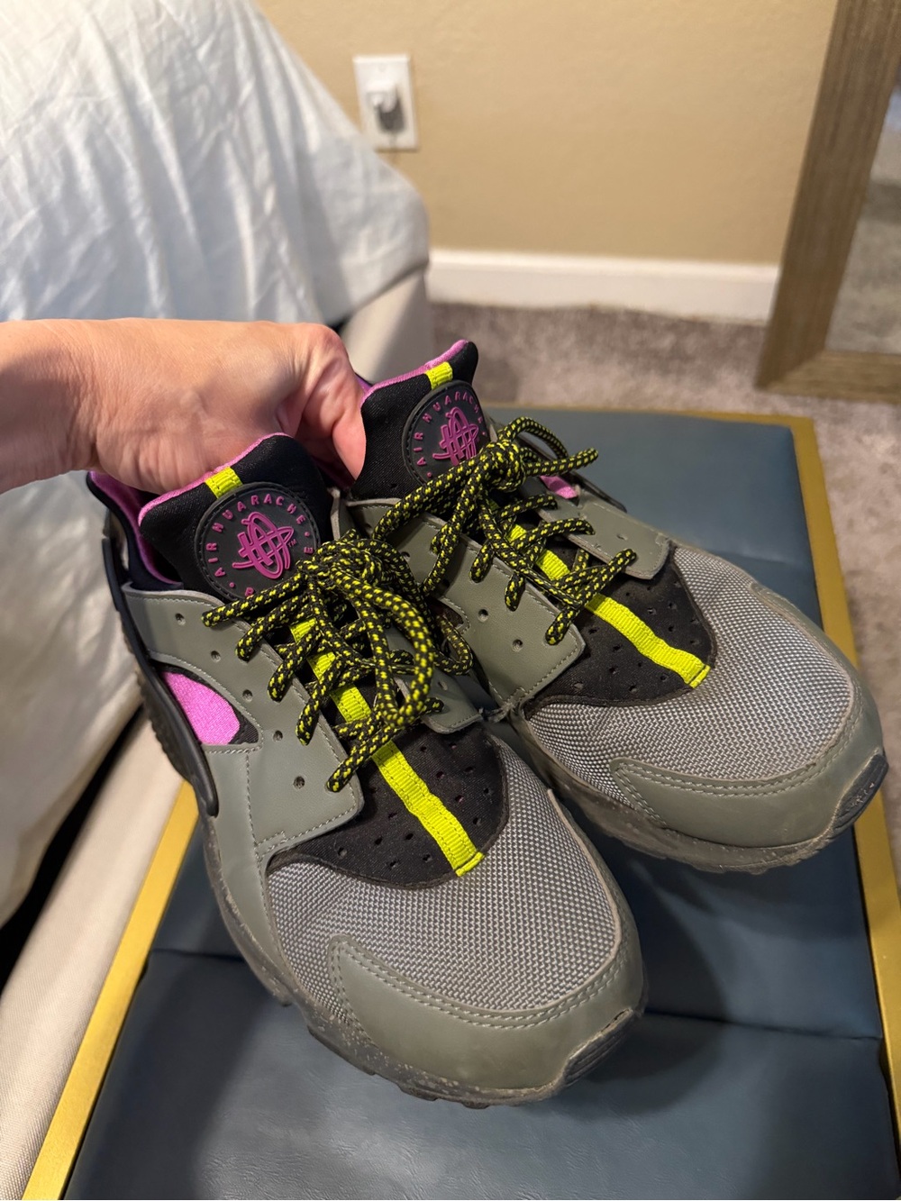 Nike Green huarache Sneakers with Purple Lining & Neon Yellow Accents